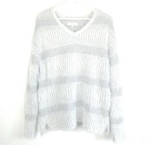 NEW Directions S Eyelash Fringe Knit sweater Gray Stripes Soft & Cozy‎